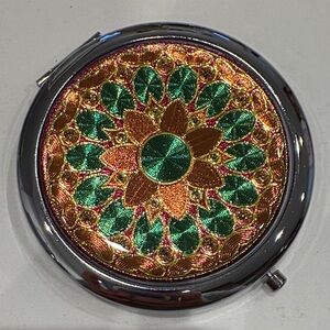 Colorful Embroidered Compact Mirror with Golden Chrysanthemum Design